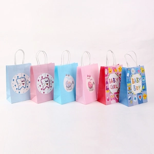 Assorted kraft paper baby gift bags with cute cartoon designs and twisted handles