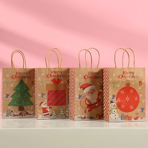 Christmas Kraft Paper Gift Bags With Handles Merry Christmas Santa Claus Printed Handheld Present Packaging For Party