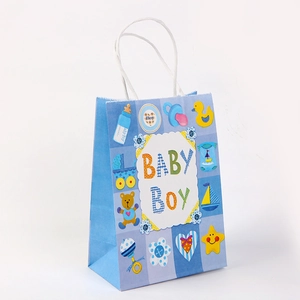 Blue kraft paper baby boy gift bag with white rope handles and cute cartoon patterns
