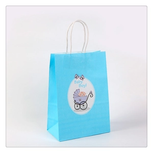 Blue Baby Boy paper gift bag with stroller print and white twisted rope handles