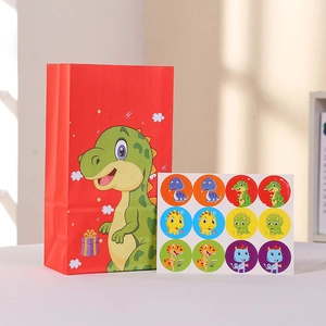 Sac cadeau en papier rouge à dinosaures avec autocollants ronds pour fêtes d'enfants