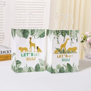 Cartoon Animal Tropical Leaf Kraft Paper Gift Bag With Handle Gold Foil Stamping Let's Get Wild Thank You Theme Party Favor Bag