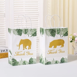 Kraft paper gift bags with animal silhouettes and greenery featuring Thank You gold font