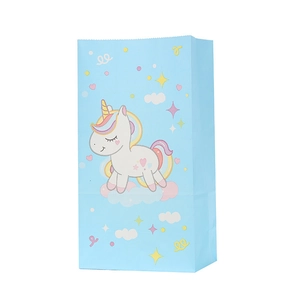 Light blue paper gift bag with cute cartoon unicorn and rainbow mane for party gifts