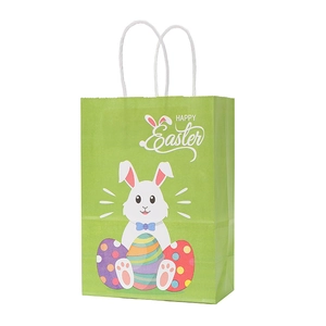 Dettaglio del sacchetto regalo di Pasqua verde con un simpatico coniglio bianco e testo