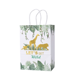 Tropical rainforest animals paper gift bag with gold foil giraffe and lion silhouette