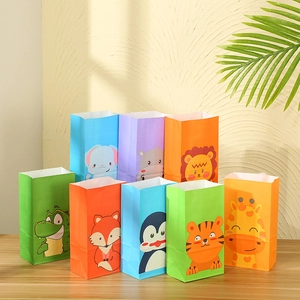Cartoon Animal Kraft Paper Gift Bags Cute Lion Tiger Elephant Pattern Party Favor Bags For Candy Treats Printed Paper Bags