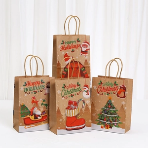 Christmas Kraft Paper Gift Bags With Handles Holiday Prints For Santa Snowman Reindeer Party Favors Candy Packaging Handheld Bags