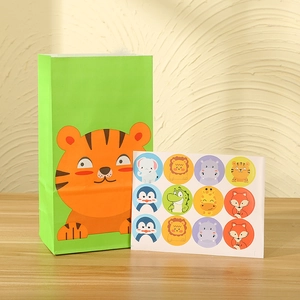 Cartoon tiger kraft paper gift bag set with colorful animal stickers for kids