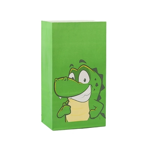 Green kraft paper gift bag featuring a cartoon crocodile print for parties