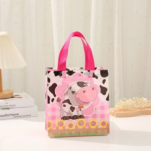 Pink cartoon cow printed non-woven gift bag with durable handles for party shopping