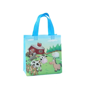 Waterproof non-woven gift bag with blue cartoon farm animals print and handles
