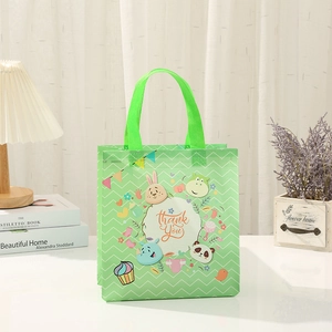 Reusable green non-woven shopping bag featuring cute cartoon animals and thank you text