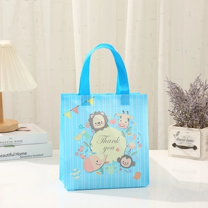 Reusable blue non-woven gift bag with cute cartoon animals and Thank You message