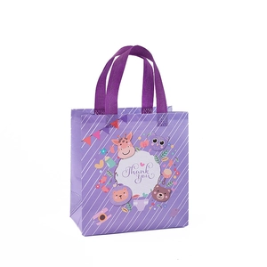 Purple waterproof non-woven gift bag with colorful cartoon animals and Thank You text