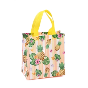 Waterproof non-woven shopping bag with tropical fruit print and yellow handles