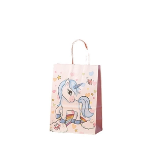 Pink kraft paper gift bag with cartoon unicorn and rainbow prints for birthdays