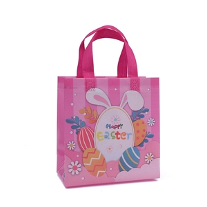 Pink striped Happy Easter tote bag with bunny ears egg pattern and colorful floral details