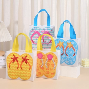 Detail view of summer beach theme non-woven gift bags with colorful slipper prints
