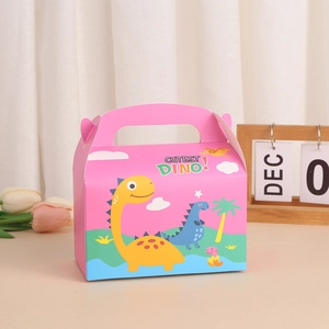 Pink cartoon dinosaur paper gift box with handle featuring yellow long neck dinosaur design