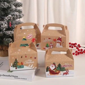 Christmas kraft paper gift box set with holiday illustrations and curved handles