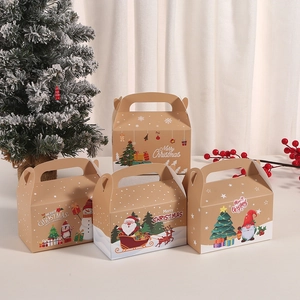 Detail of kraft paper Christmas gift boxes with festive reindeer and Santa illustrations