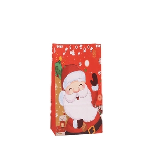 Festive red Christmas paper gift bag featuring a cute cartoon Santa Claus with snowflake patterns