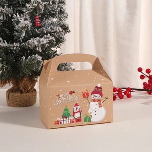 Christmas Kraft paper gift box with snowman and penguin illustrations for holiday party