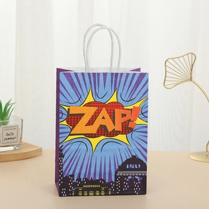 Pop art style ZAP! purple candy gift bag with white handles on a wooden table