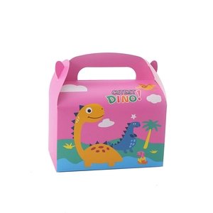 Rosafarbene Dinosaurier-Geschenkbox aus Papier mit Griff für Kindergeburtstage