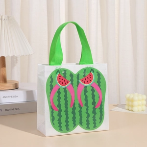 Waterproof non-woven gift bag with summer watermelon flip-flop print and green handles