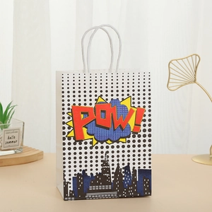 Cartoon POW print white polka dot kraft paper gift bag with white rope handles for parties