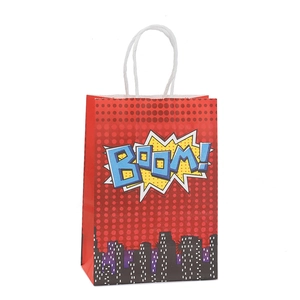 Red candy gift bag with Pop Art BOOM design and white twisted rope handles