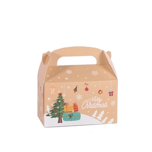 Kraft paper Christmas gift box with handle featuring festive tree and snowflake design