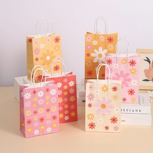 Sacs Cadeaux en Papier Kraft à Imprimé Floral Avec Poignées Motif Marguerite Sacs d'Emballage Cadeau pour Fête Anniversaire Shopping