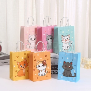 Six colorful cartoon cat themed kraft paper gift bags with white rope handles for shopping