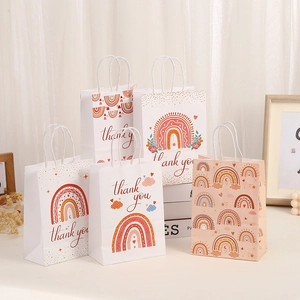 Bohemian rainbow white paper gift bags with cotton handles and Thank You lettering