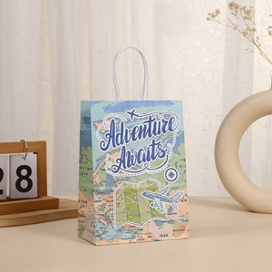 Sac cadeau créatif en papier kraft avec imprimé carte du monde rétro et slogan Adventure Awaits