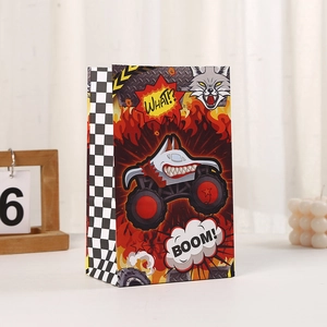 Vibrant monster truck themed paper gift bag with checkered sides for children's parties