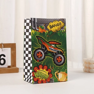Comic monster truck gift bag with racing checkered pattern for kids party packaging