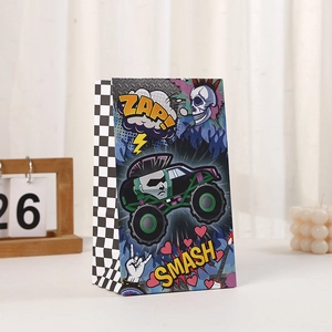 Detail of kraft paper gift bag with comic monster truck prints and racing checkered side