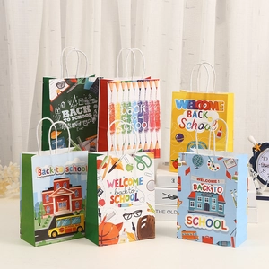 Back To School Paper Gift Bag With Handles Cartoon Stationery Pattern Printed Packaging Bag For Students Party Favor Bag
