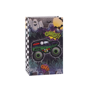 Monster truck Halloween kraft paper gift bag with checkered sides and bold purple design