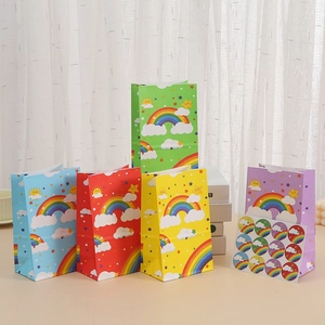 Rainbow Cartoon Paper Gift Bags With Stickers Clouds Sun Star Printed Kraft Paper Bags For Birthday Party Favor Snack Packaging