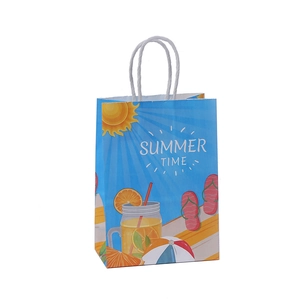 Summer Time paper gift bag with beach illustrations and white twisted handles