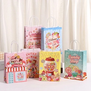 Colorful candy party paper gift bags with sweet prints and handles for holiday shopping