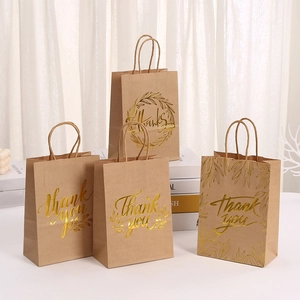 Brown Kraft Paper Gift Bags With Gold Foil Thank You Leaf Print Paper Rope Handle For Thanksgiving Wedding Party