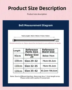 Size chart for woven elastic belt showing length options 90cm to 120cm and 3cm width