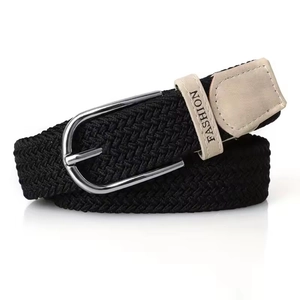 Unisex black elastic woven belt with silver horseshoe buckle and cream leather detail