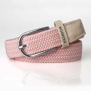 Pink woven elastic belt with silver metal buckle and fashion logo for women and men